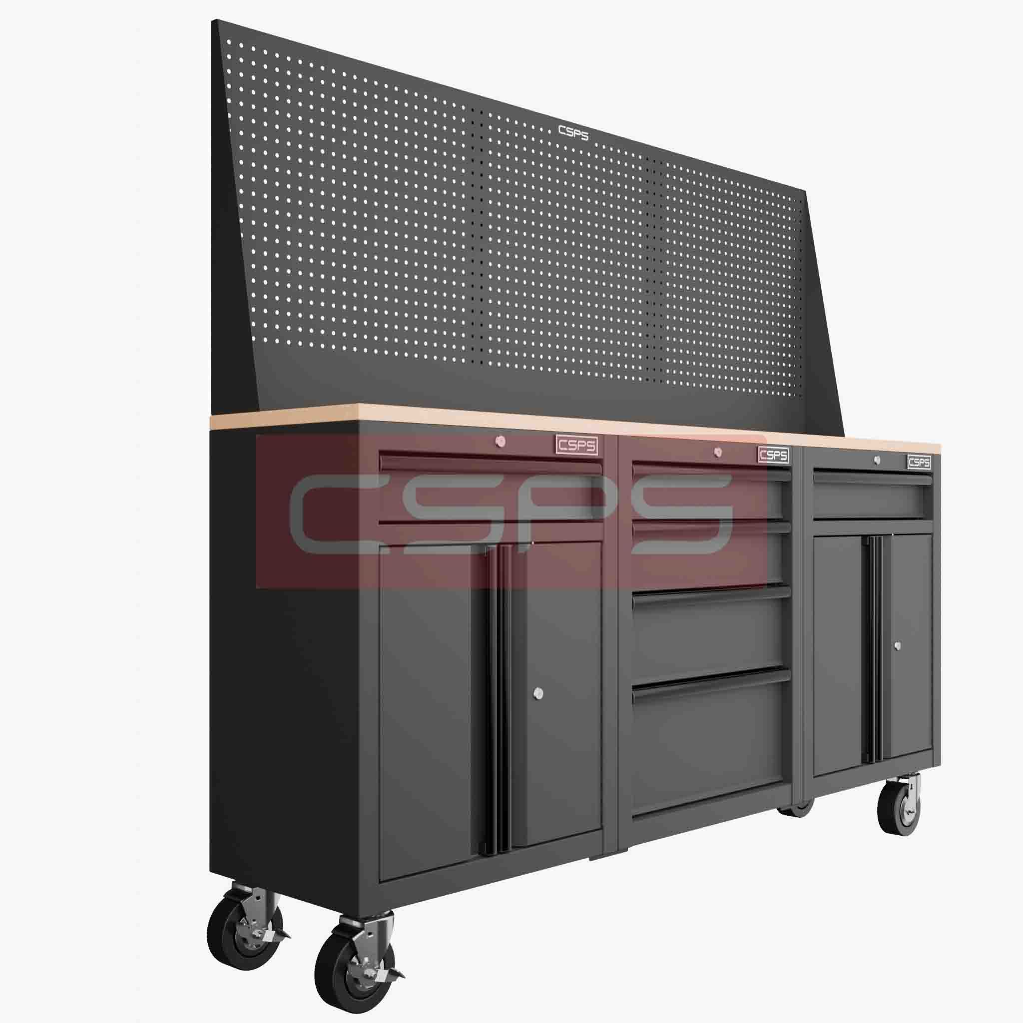 Set of 3 CSPS 183cm black tool cabinets with wooden surface and mesh wall - 06 drawers (white handle)