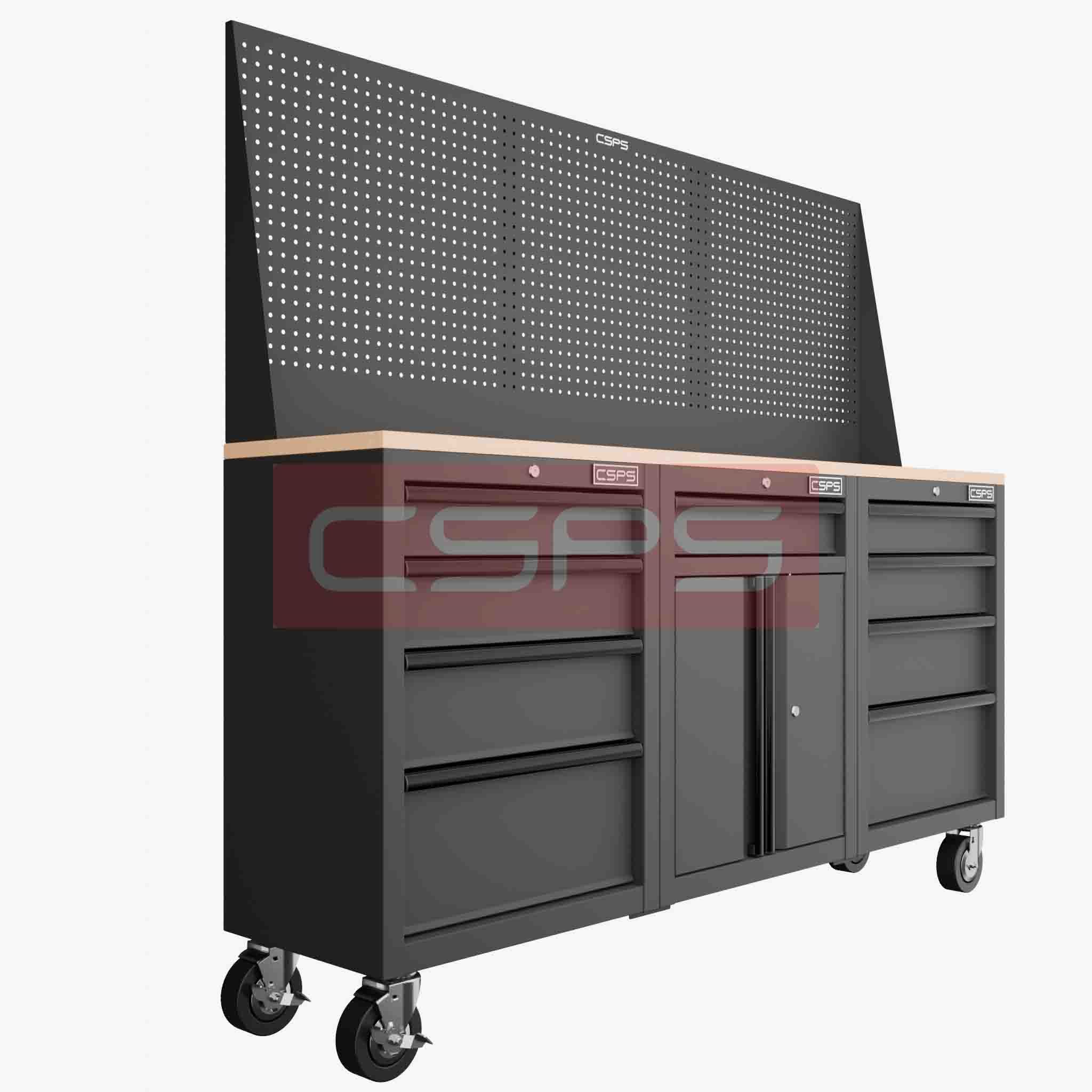 Bộ 3 Tủ dụng cụ CSPS 183cm màu đen mặt ván gỗ kèm vách lưới - 09 hộc kéo (tay cầm trắng)