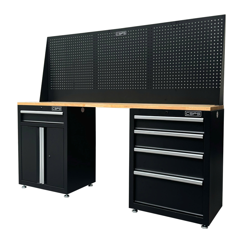 Bộ Bàn Nguội CSPS 183cm - 05 hộc kéo màu đen mặt ván gỗ vách lưới kèm chân tăng chỉnh (tay cầm trắng)