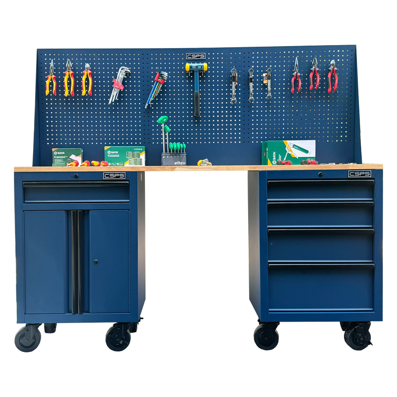 Bộ Bàn Nguội CSPS 183cm - 05 hộc kéo màu xanh dương mặt ván gỗ vách lưới kèm bánh xe