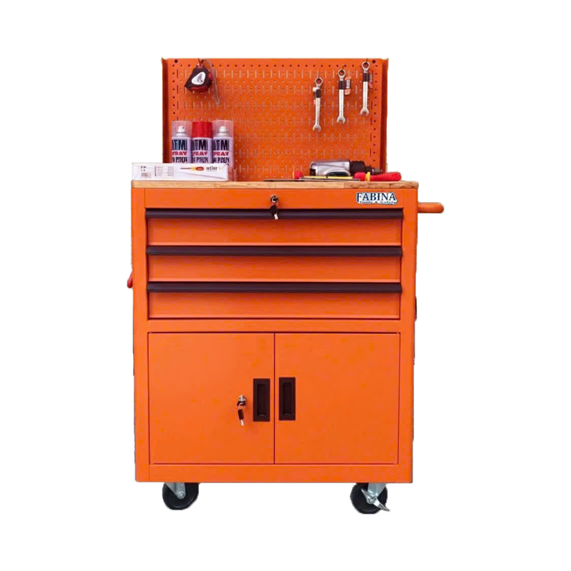 Tủ dụng cụ 3 hộc kéo 2 ngăn chứa màu cam kèm vách lưới Fabina