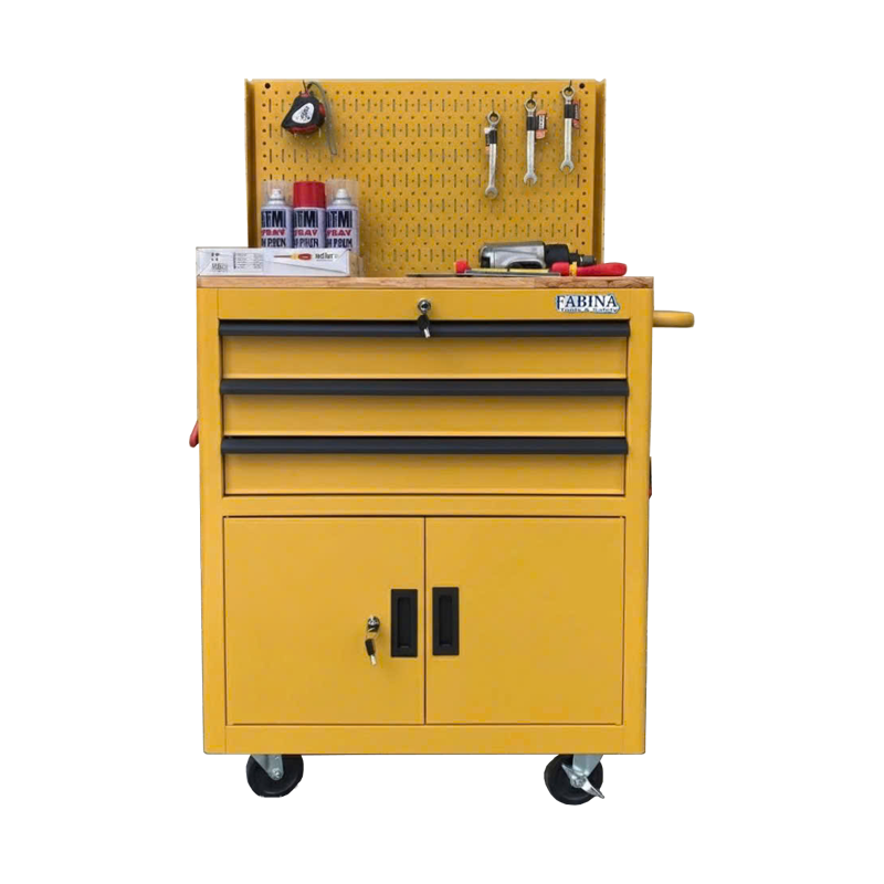 Tủ dụng cụ 3 hộc kéo 2 ngăn chứa màu vàng kèm vách lưới Fabina