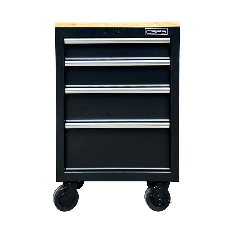 Tủ dụng cụ CSPS 61cm - 04 hộc kéo màu đen kèm bánh xe và ván gỗ (tay cầm trắng)
