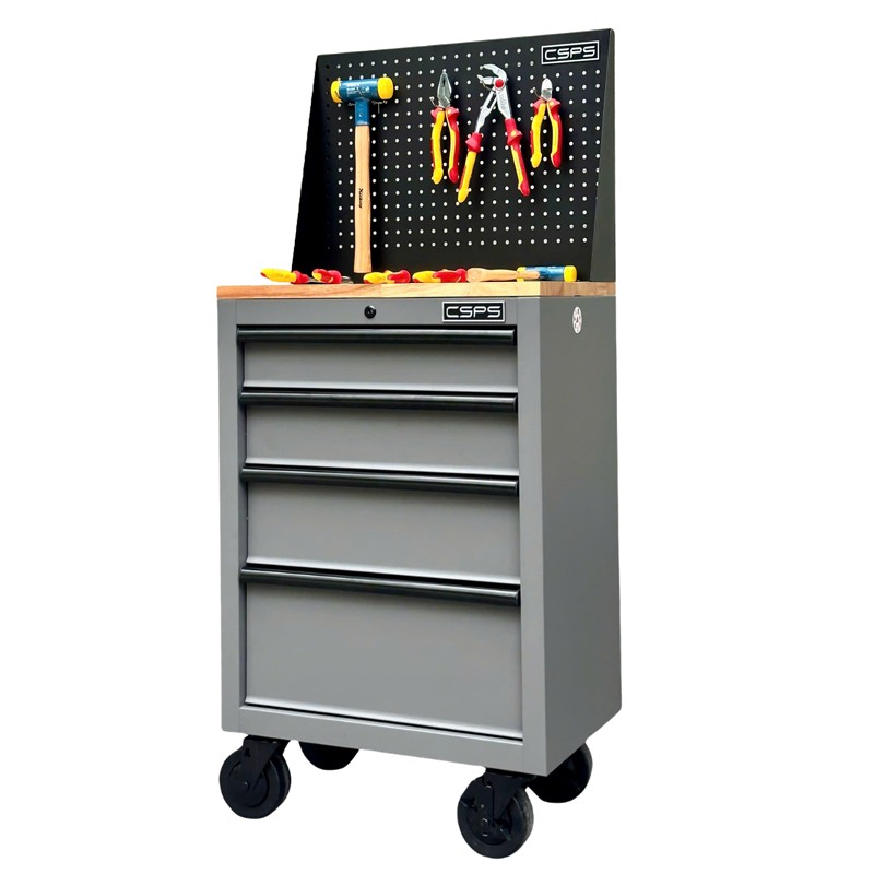 Tủ dụng cụ CSPS 61cm - 04 hộc kéo màu xám kèm bánh xe ván gỗ vách lưới