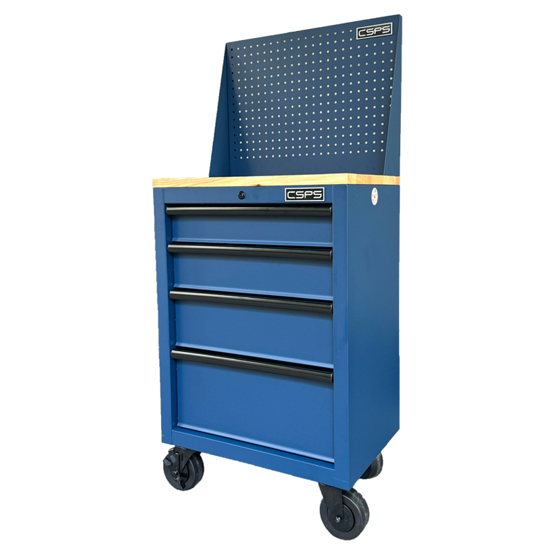 CSPS Blue tool cabinet 61cm include casters with wooden top and pegboard – 4 Drawers
