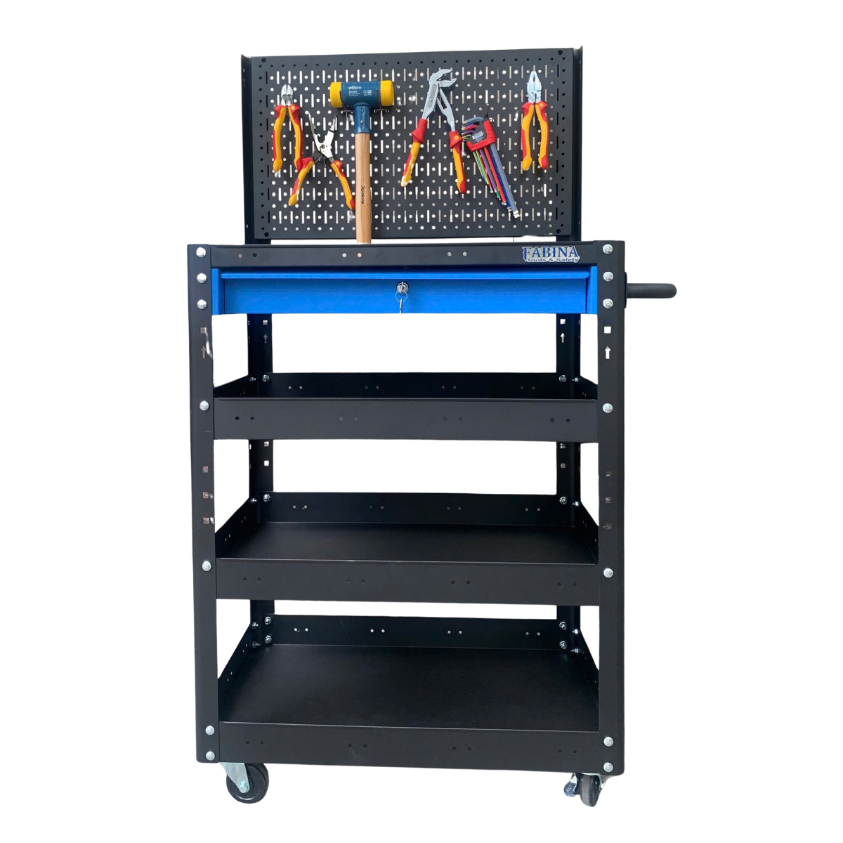 Xe đẩy 4 tầng cao 980mm màu đen hộc kéo xanh dương kèm vách lưới