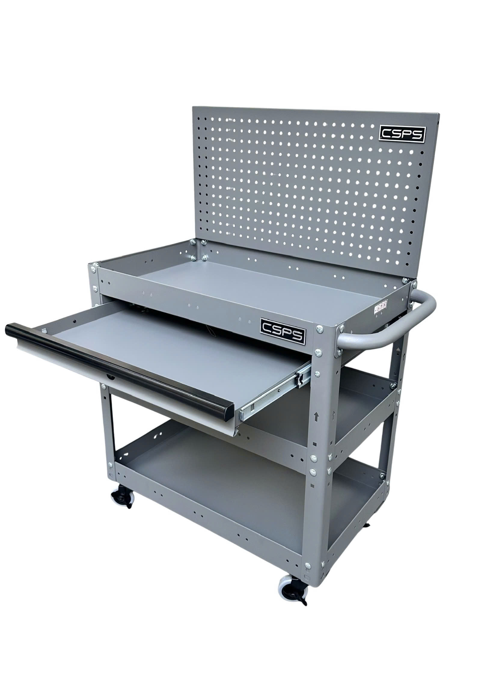 Xe đẩy CSPS 3 ngăn 71cm màu xám 01 hộc kéo kèm vách lưới